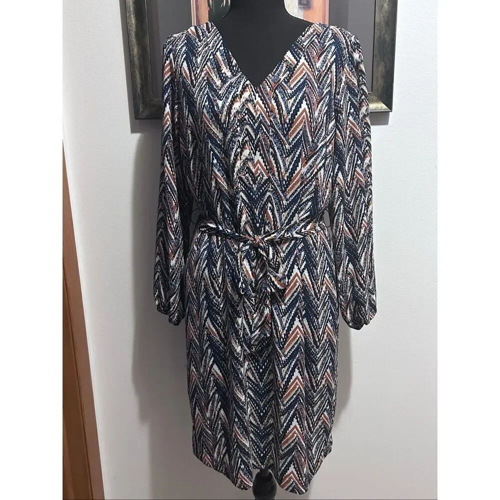 Liverpool Los Angeles Chevron Belted Dress Size L Navy Rust White